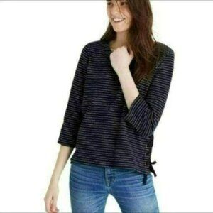 Madewell Women's Small Blue White Striped Cotton Scoop Neck 3/4 Sleeve Sweater